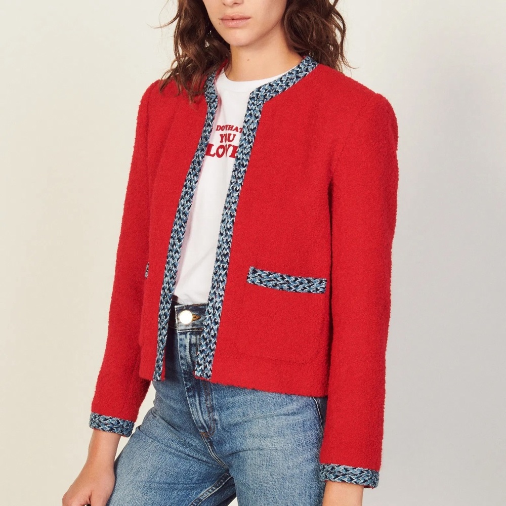 Sandro Vanessa Tweed Contrasting-Trim Cropped Jacket in Red 34 MSRP $490